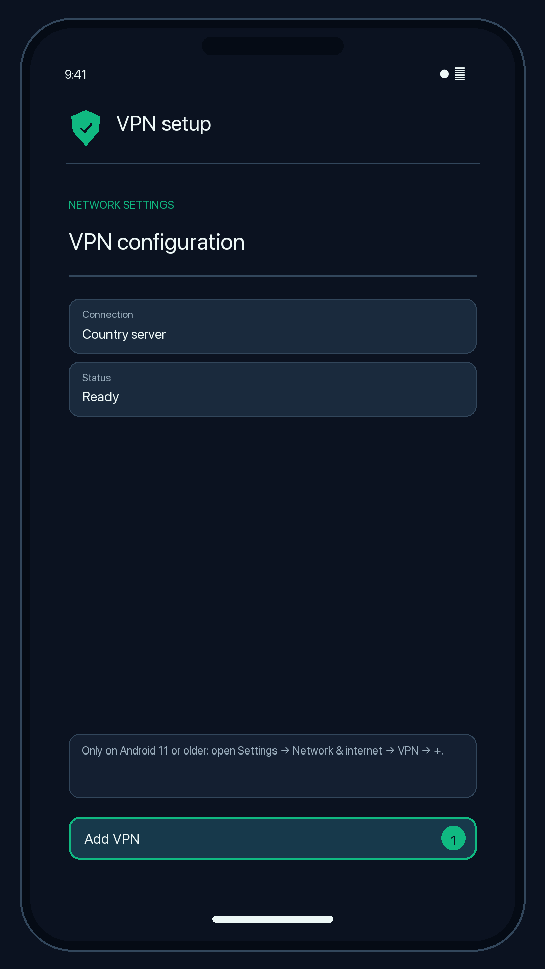 Illustration of step 1: Only on Android 11 or older: open Settings → Network &amp; internet → VPN → +.