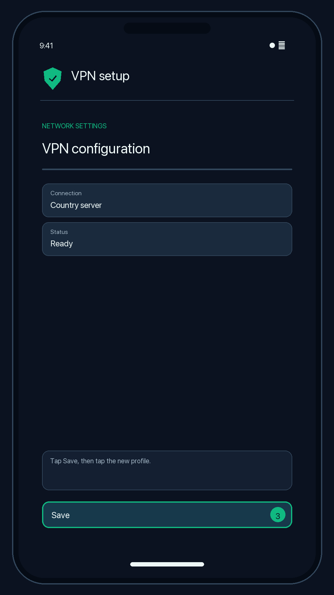 Illustration of step 3: Tap Save, then tap the new profile.