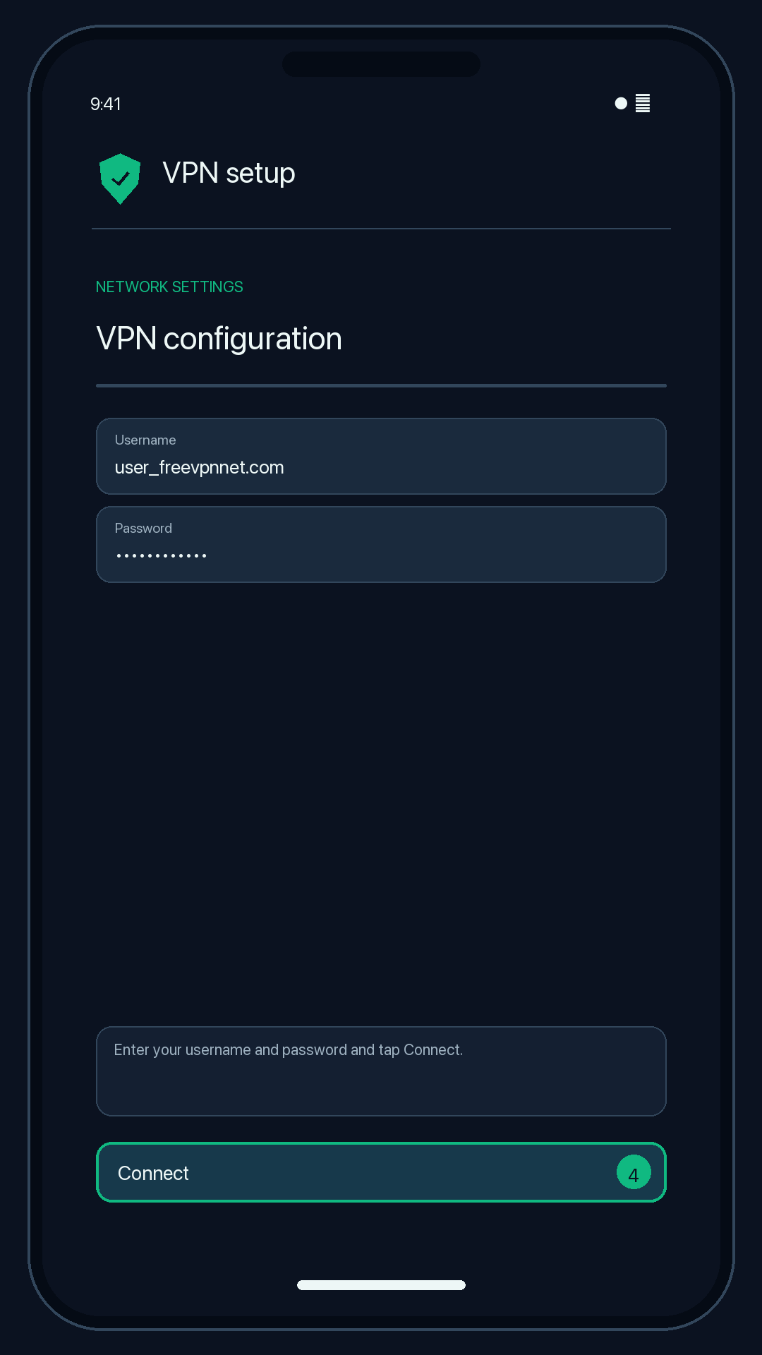 Illustration of step 4: Enter your username and password and tap Connect.