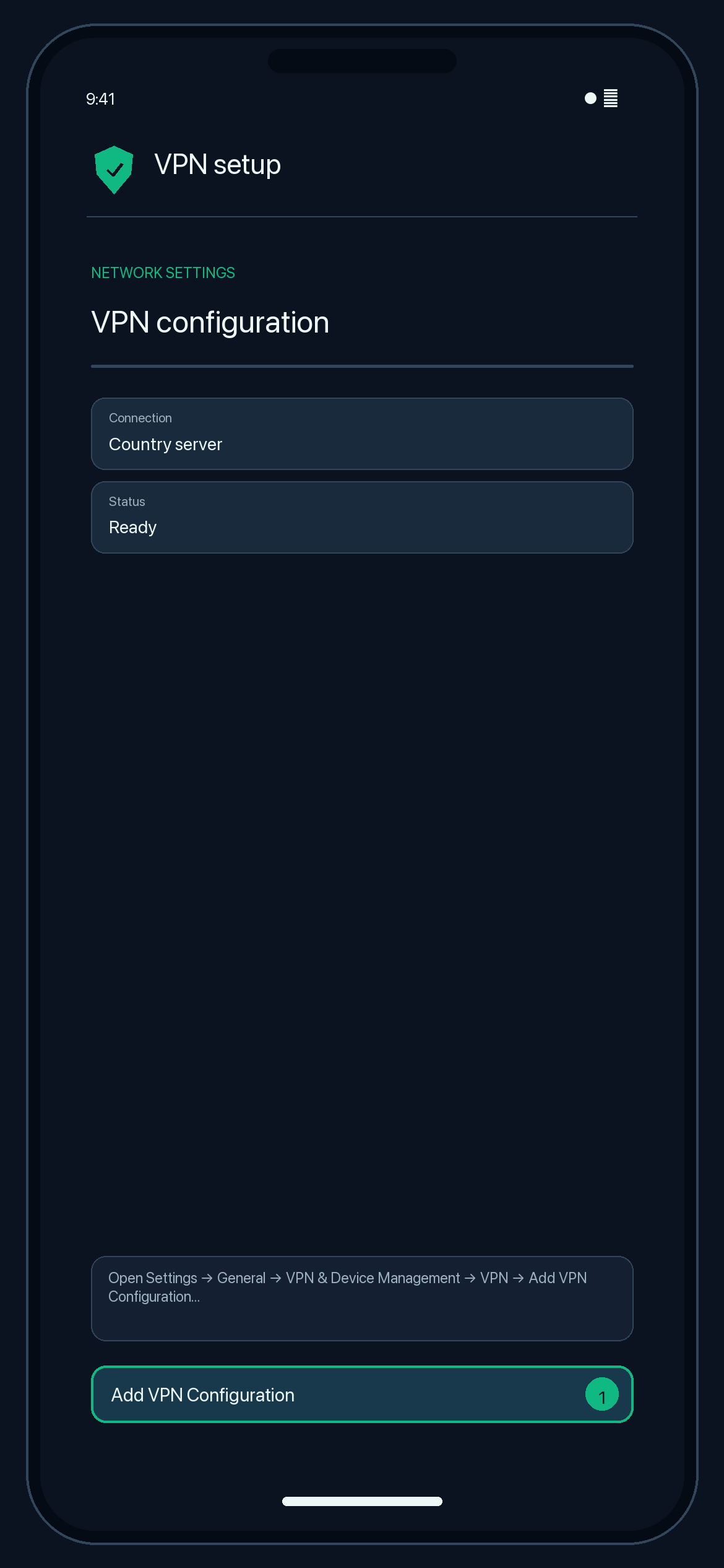 Illustration of step 1: Open Settings → General → VPN & Device Management → VPN → Add VPN Configuration…