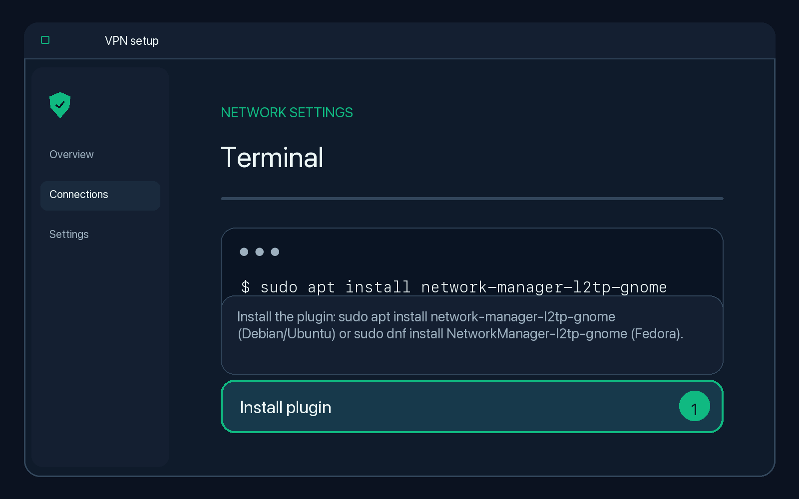 Illustration of step 1: Install the plugin: sudo apt install network-manager-l2tp-gnome (Debian/Ubuntu) or sudo dnf install NetworkManager-l2tp-gnome (Fedora).