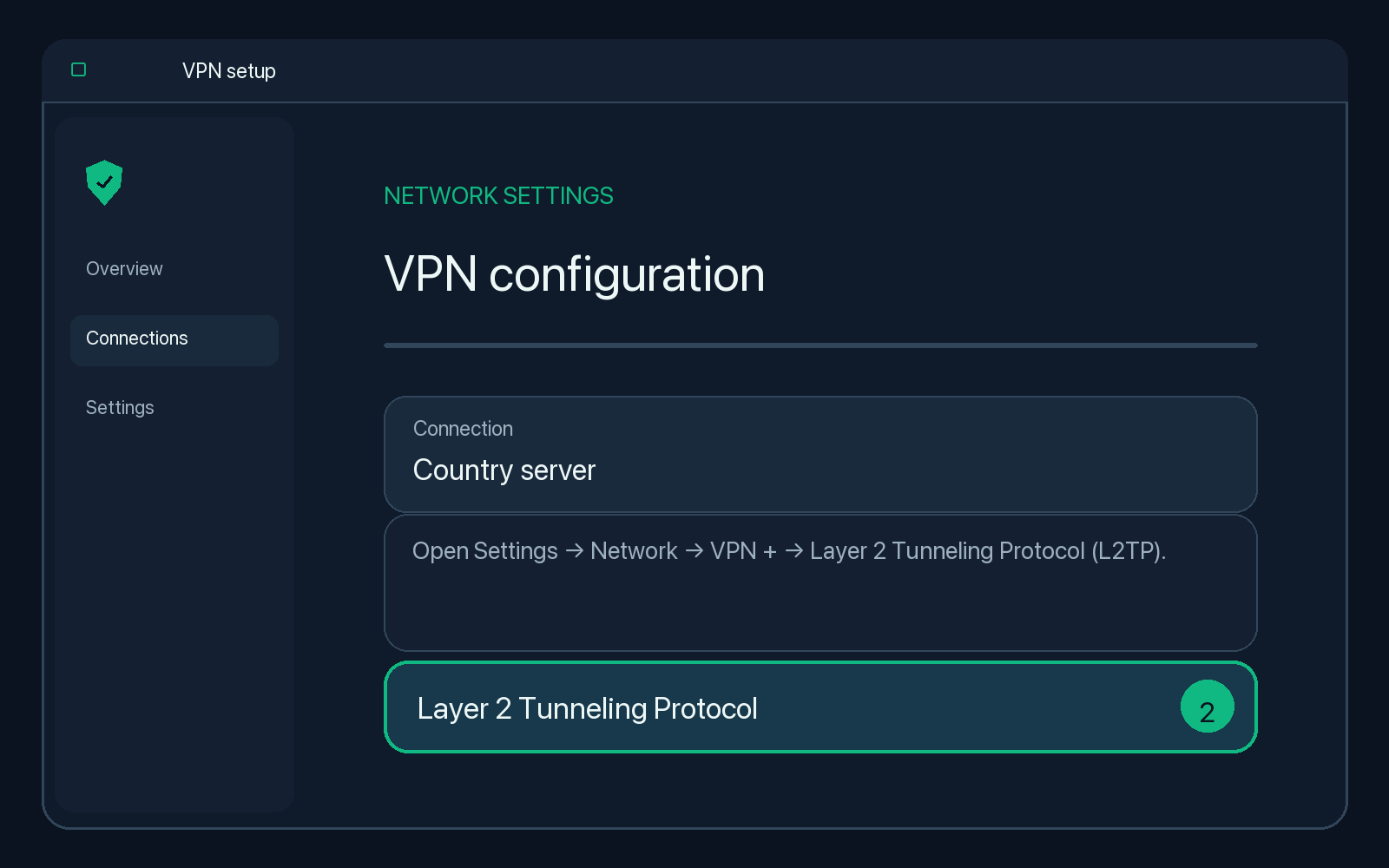 Illustration of step 2: Open Settings → Network → VPN + → Layer 2 Tunneling Protocol (L2TP).