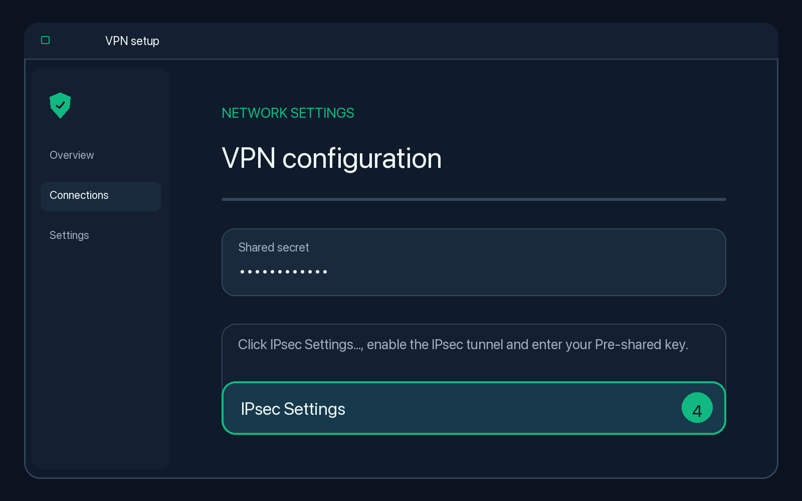 Illustration of step 4: Click IPsec Settings…, enable the IPsec tunnel and enter your Pre-shared key.