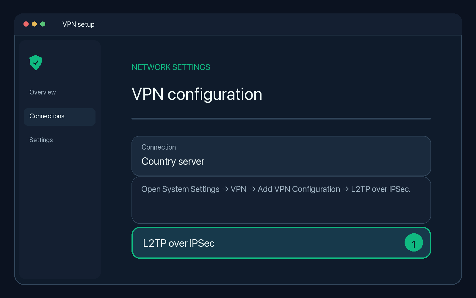 Illustration of step 1: Open System Settings → VPN → Add VPN Configuration → L2TP over IPSec.