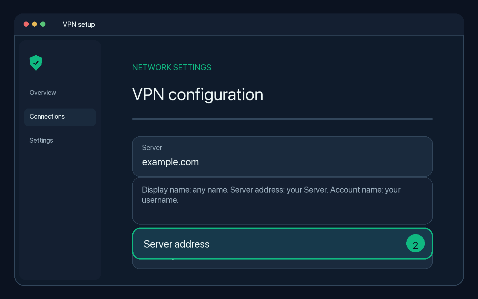 Illustration of step 2: Display name: any name. Server address: your Server. Account name: your username.