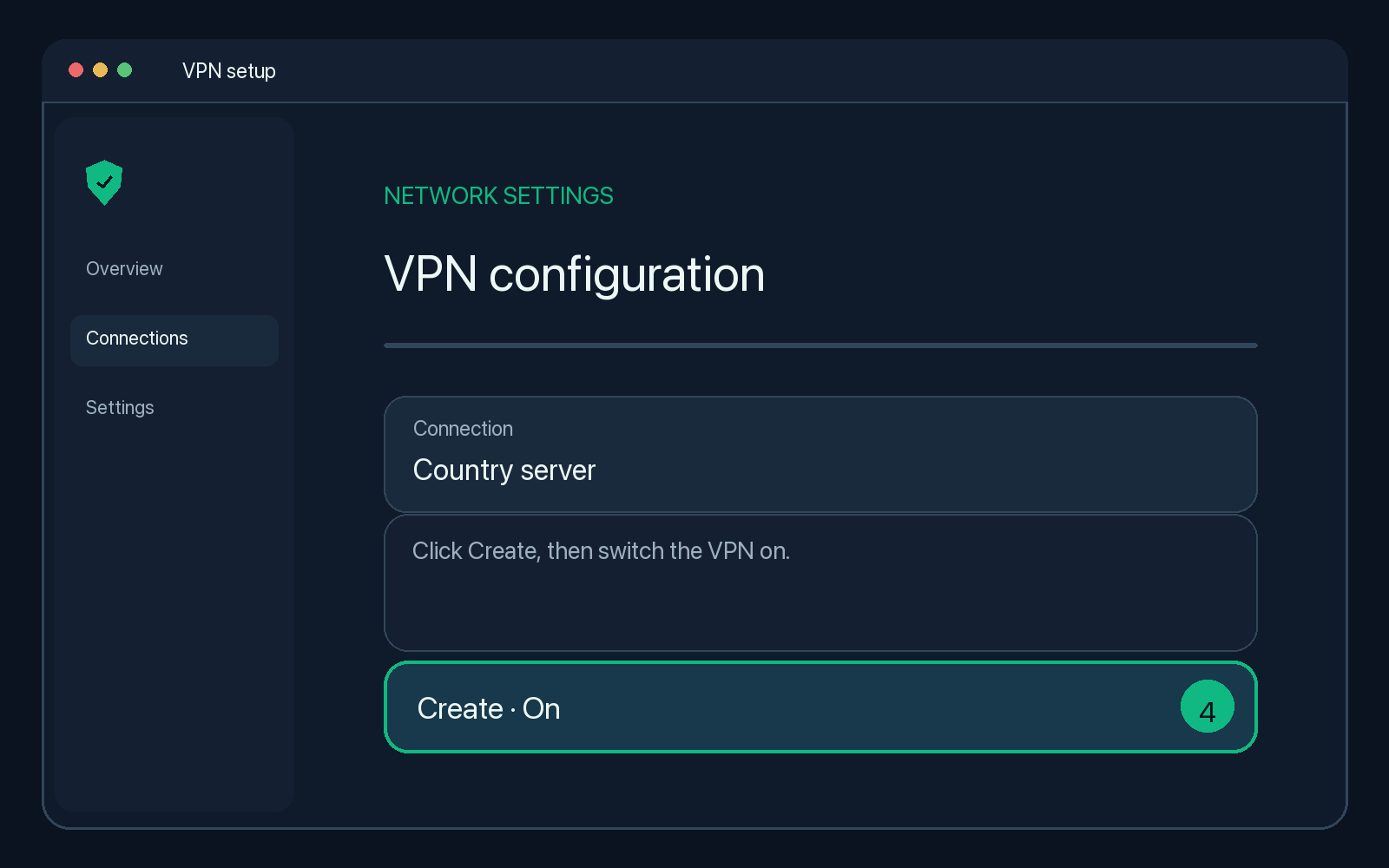Illustration of step 4: Click Create, then switch the VPN on.