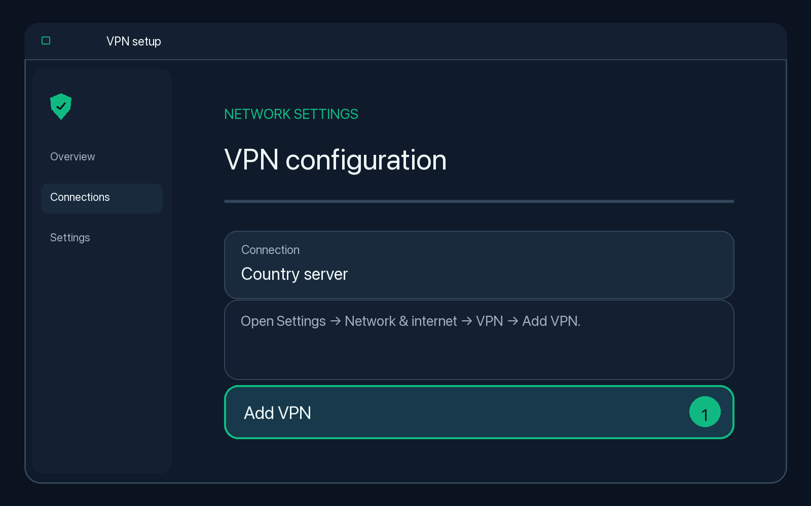 Illustration of step 1: Open Settings → Network &amp; internet → VPN → Add VPN.