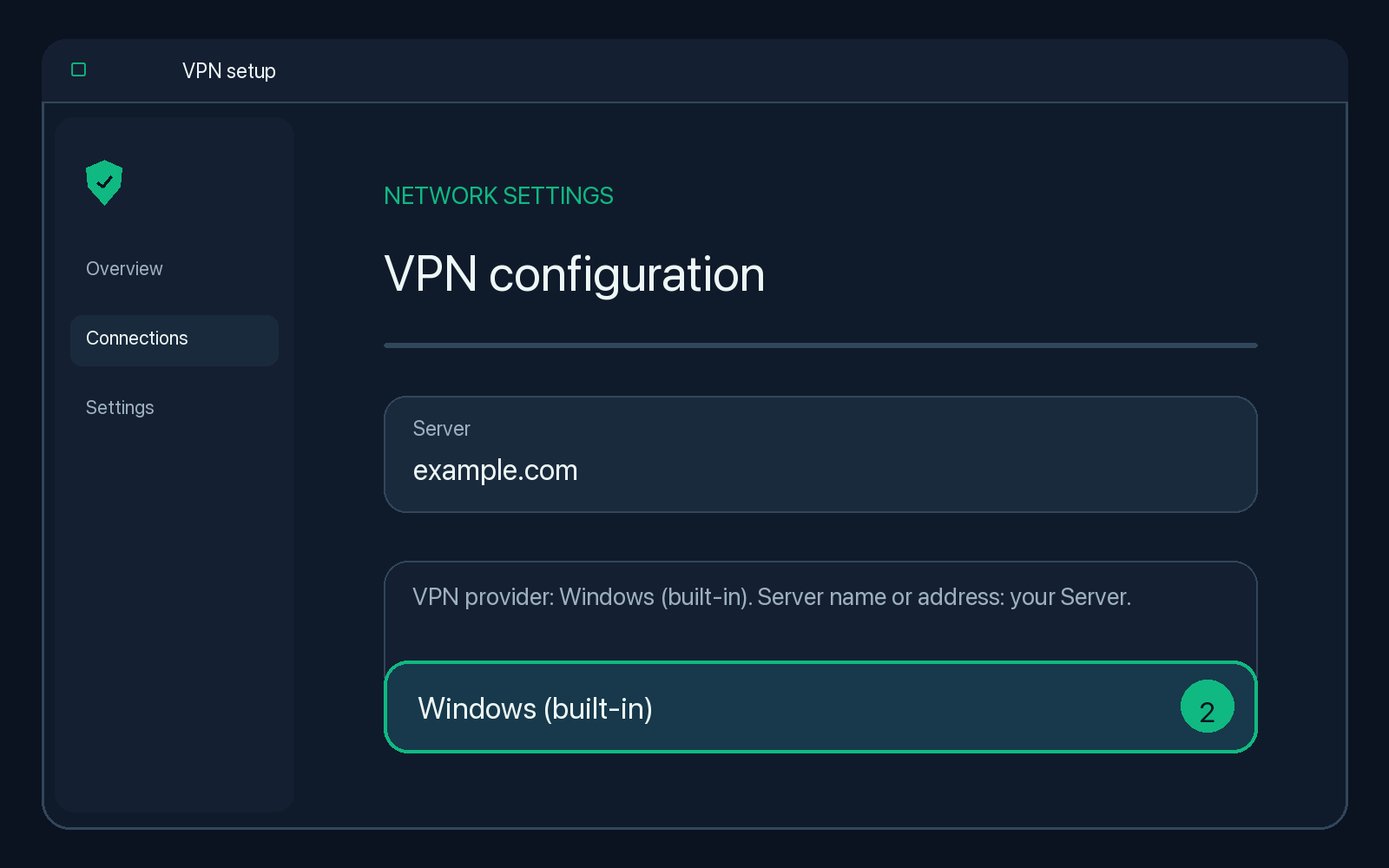 Illustration of step 2: VPN provider: Windows (built-in). Server name or address: your Server.