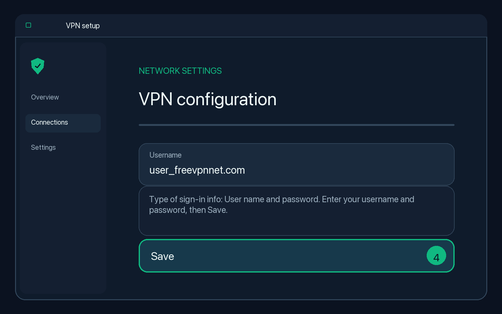 Illustration of step 4: Type of sign-in info: User name and password. Enter your username and password, then Save.