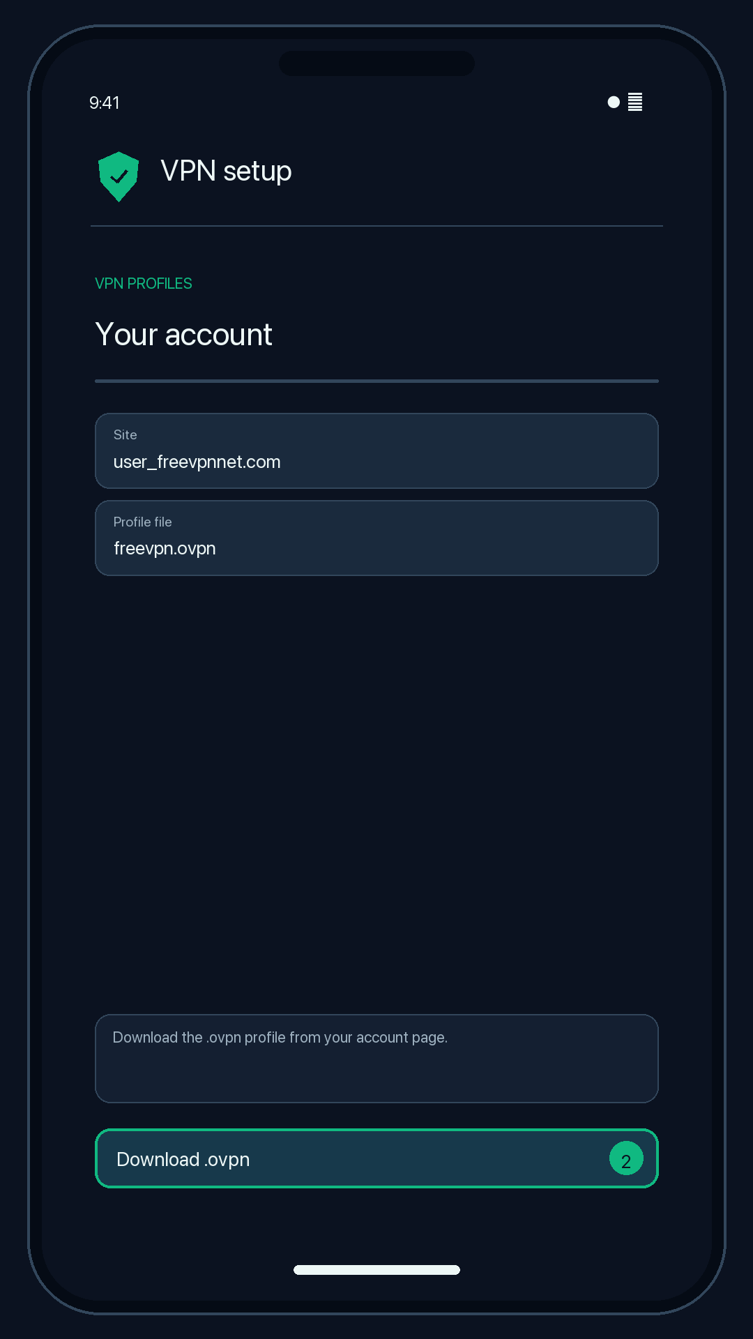 Illustration of step 2: Download the .ovpn profile from your configuration page.