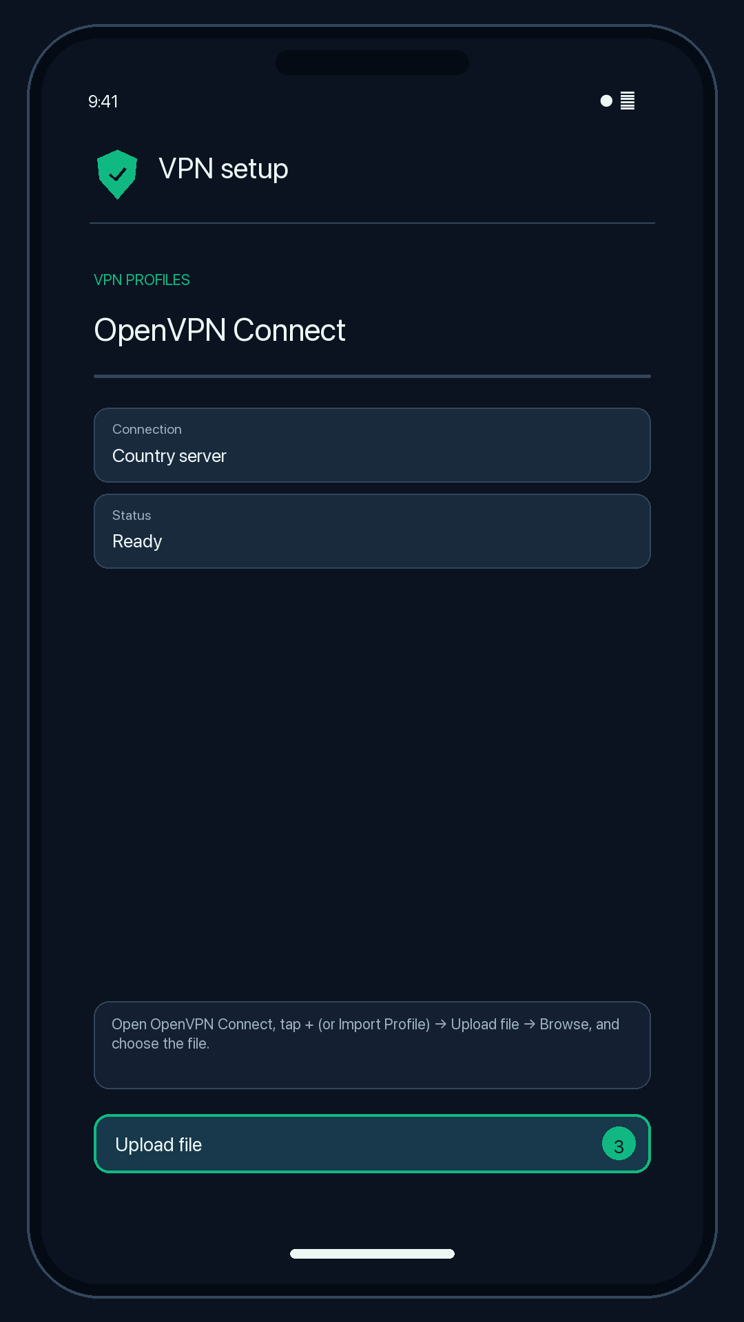 Illustration of step 3: Open OpenVPN Connect, tap + (or Import Profile) → Upload file → Browse, and choose the file.