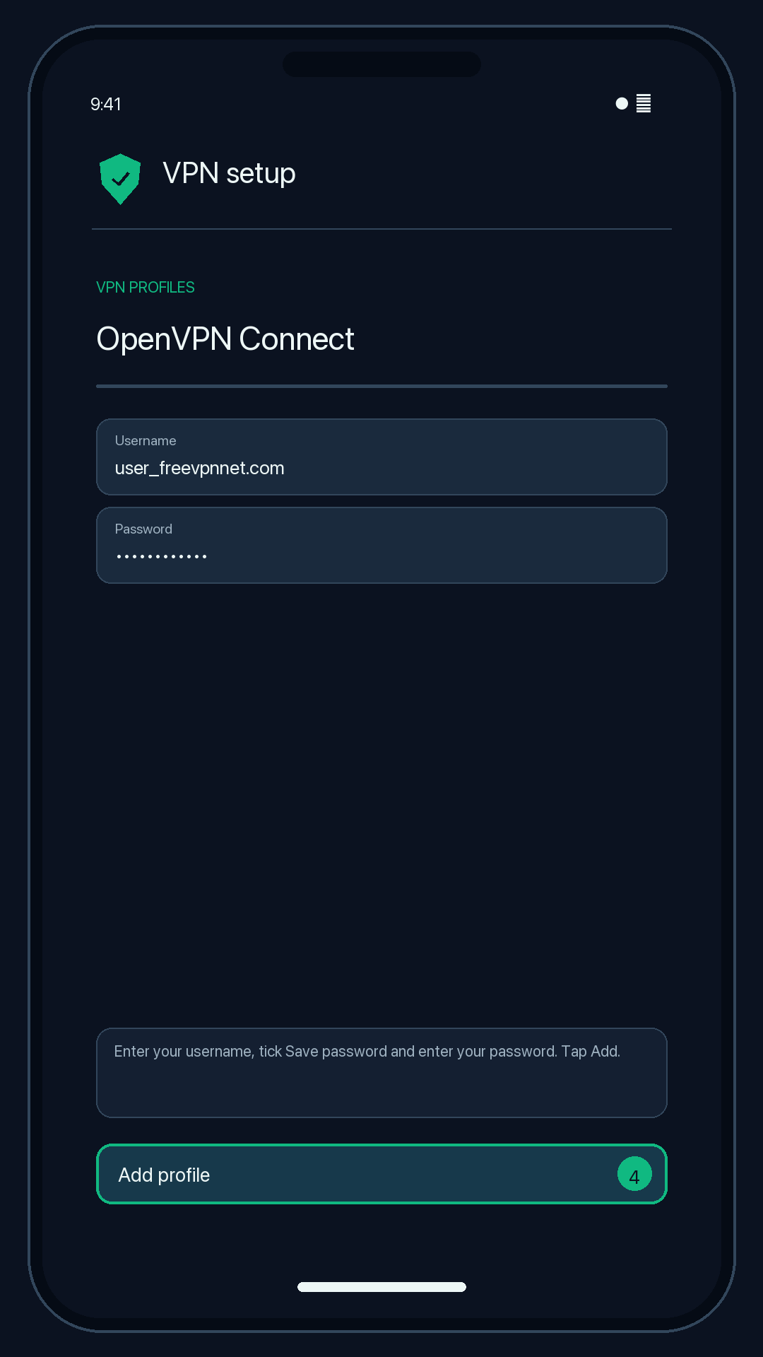 Illustration of step 4: Enter your username, tick Save password and enter your password. Tap Add.