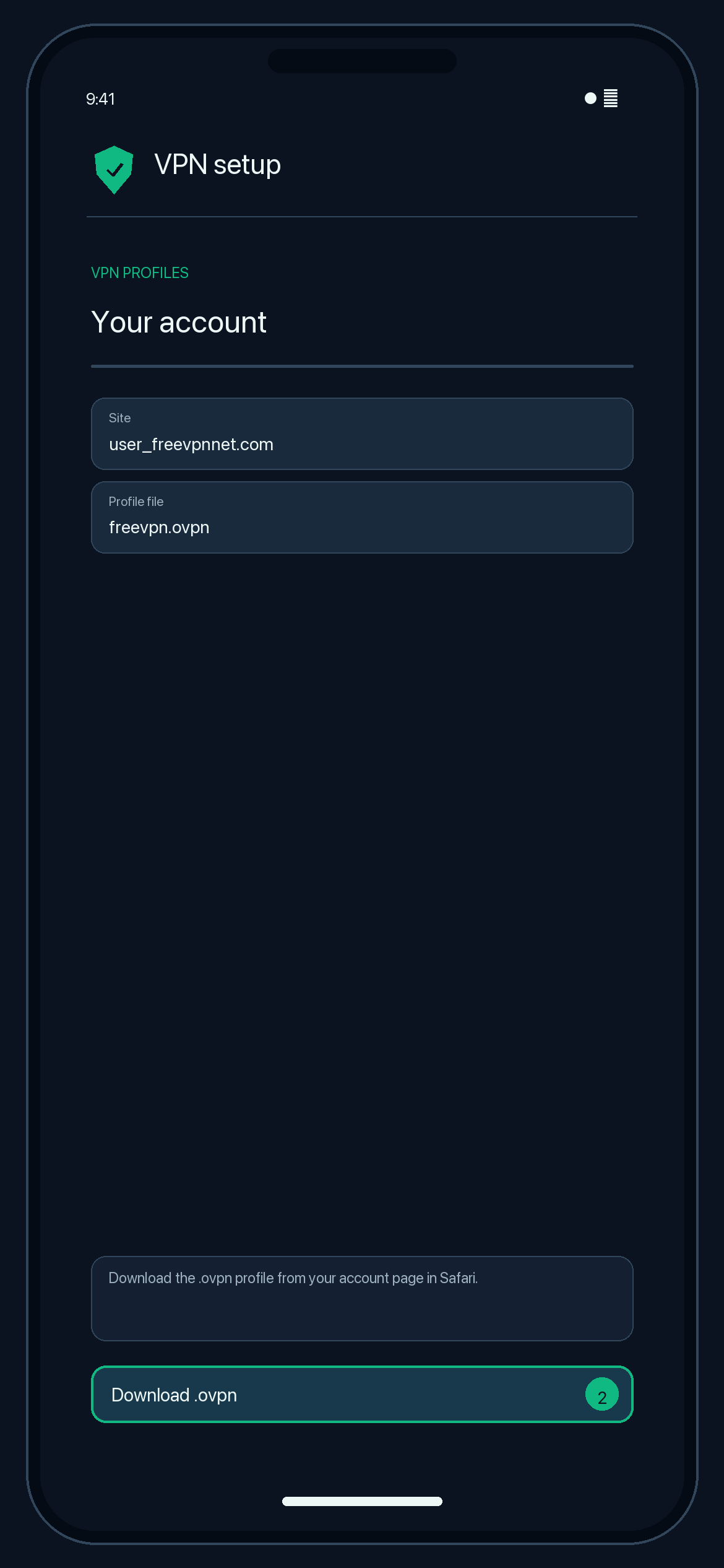 Illustration of step 2: Download the .ovpn profile from your configuration page in Safari.