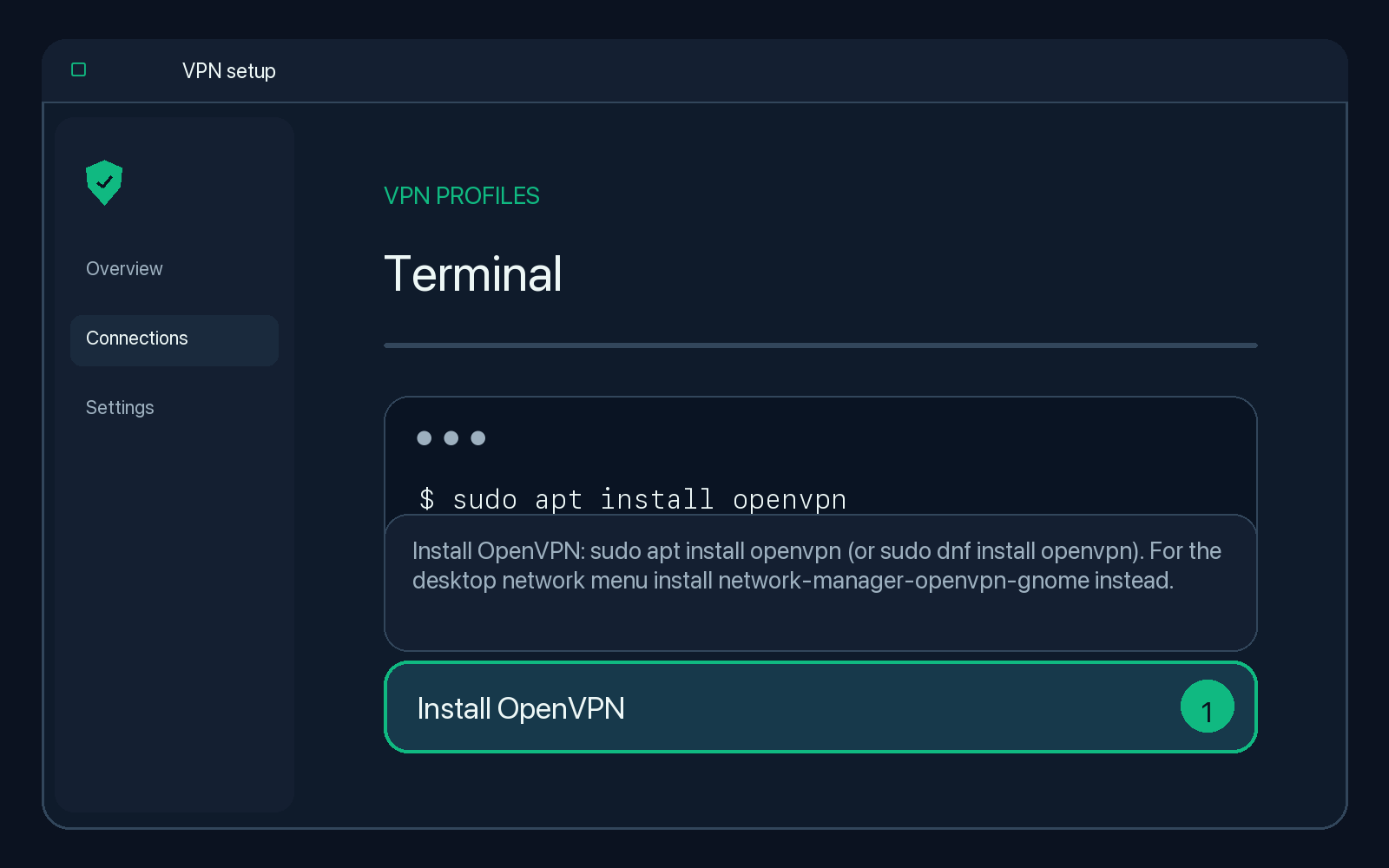 Illustration of step 1: Install OpenVPN: sudo apt install openvpn (or sudo dnf install openvpn). For the desktop network menu install network-manager-openvpn-gnome instead.