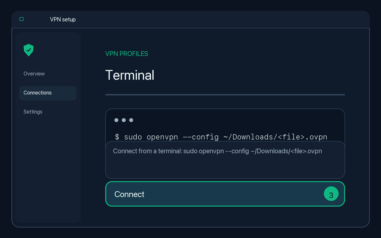 Illustration of step 3: Connect from a terminal: sudo openvpn --config ~/Downloads/<file>.ovpn