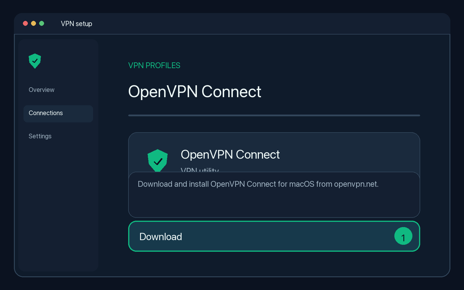 Illustration of step 1: Download and install OpenVPN Connect for macOS from openvpn.net (link above).