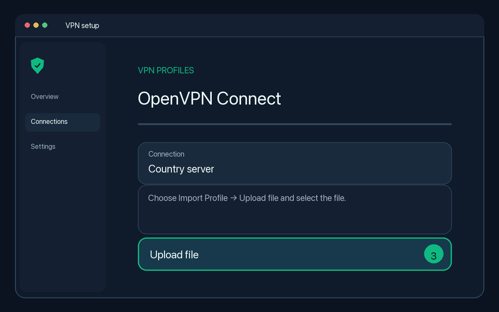 Illustration of step 3: Choose Import Profile → Upload file and select the file.