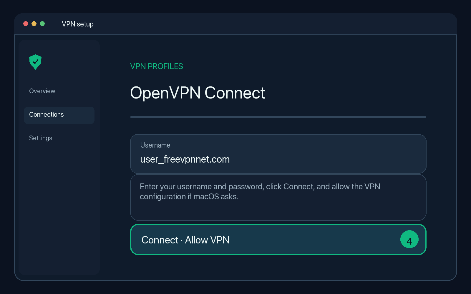 Illustration of step 4: Enter your username and password, click Connect, and allow the VPN configuration if macOS asks.