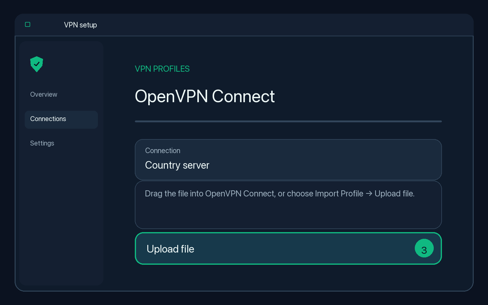 Illustration of step 3: Drag the file into OpenVPN Connect, or choose Import Profile → Upload file.