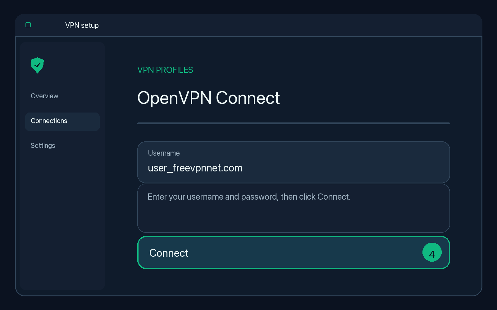 Illustration of step 4: Enter your username and password, then click Connect.
