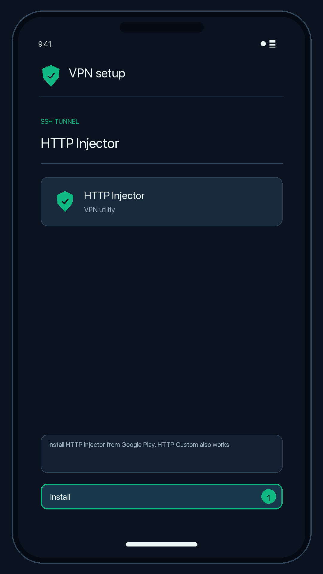 Illustration of step 1: Install HTTP Injector from Google Play (link above). HTTP Custom also works.