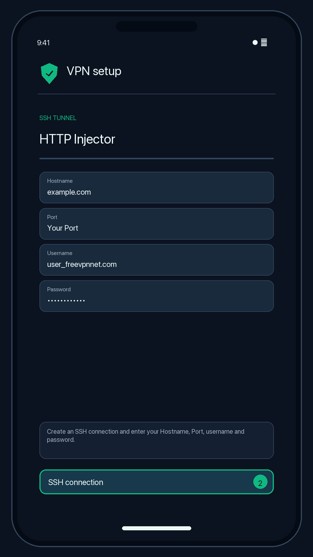 Illustration of step 2: Create an SSH connection and enter your Hostname, Port, username and password.