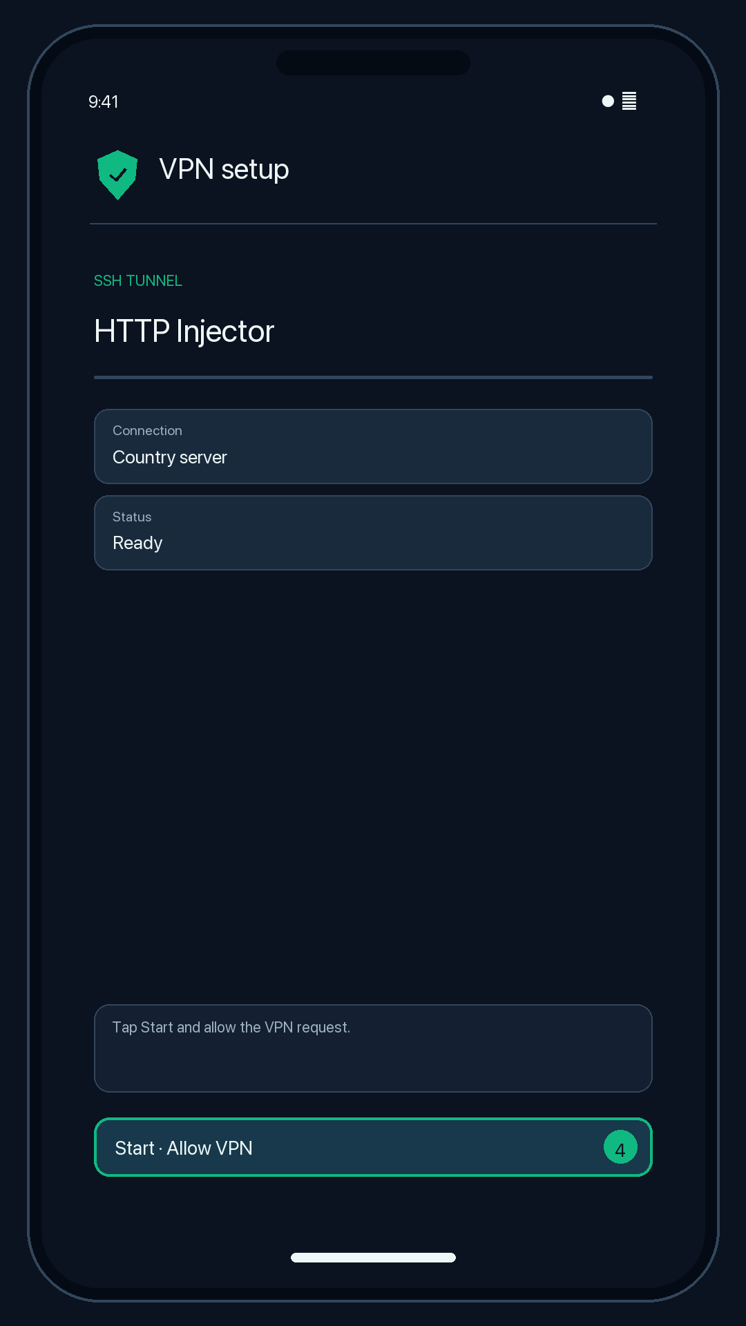 Illustration of step 4: Tap Start and allow the VPN request.