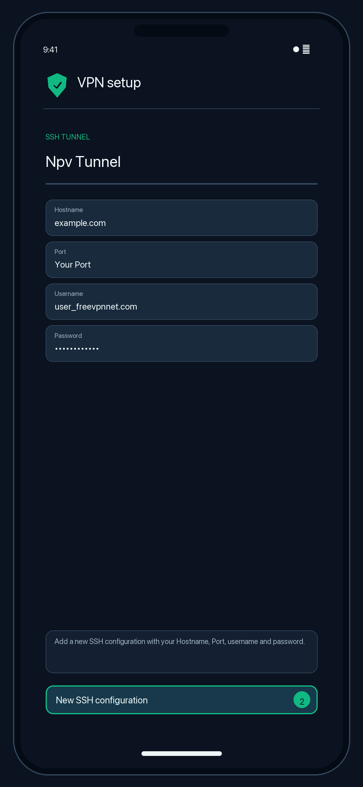 Illustration of step 2: Add a new SSH configuration with your Hostname, Port, username and password.