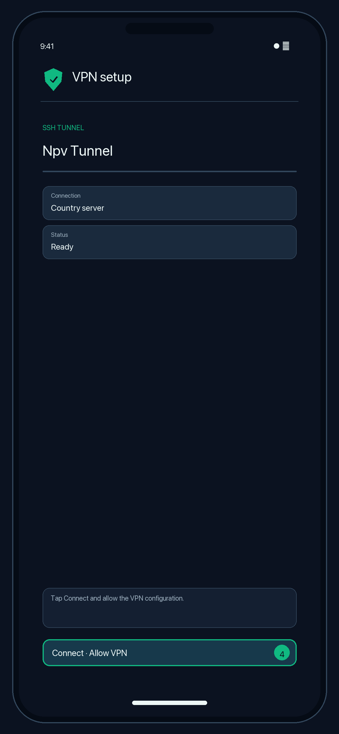 Illustration of step 4: Tap Connect and allow the VPN configuration.