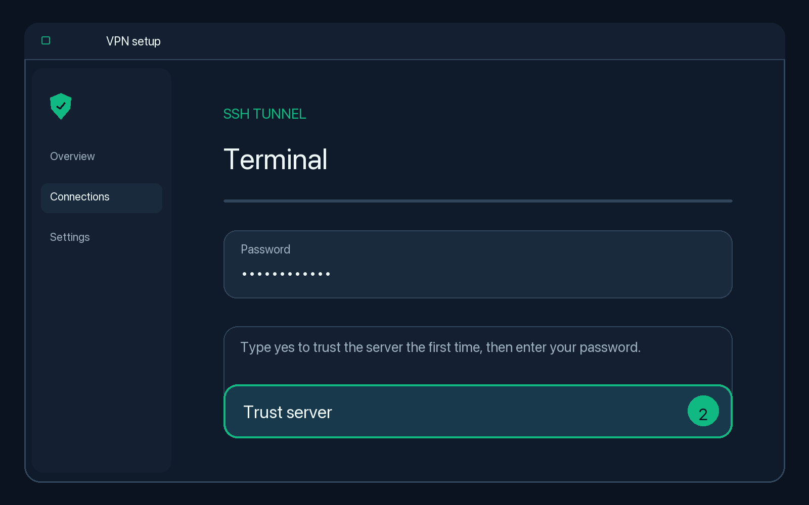 Illustration of step 2: Type yes to trust the server the first time, then enter your password.