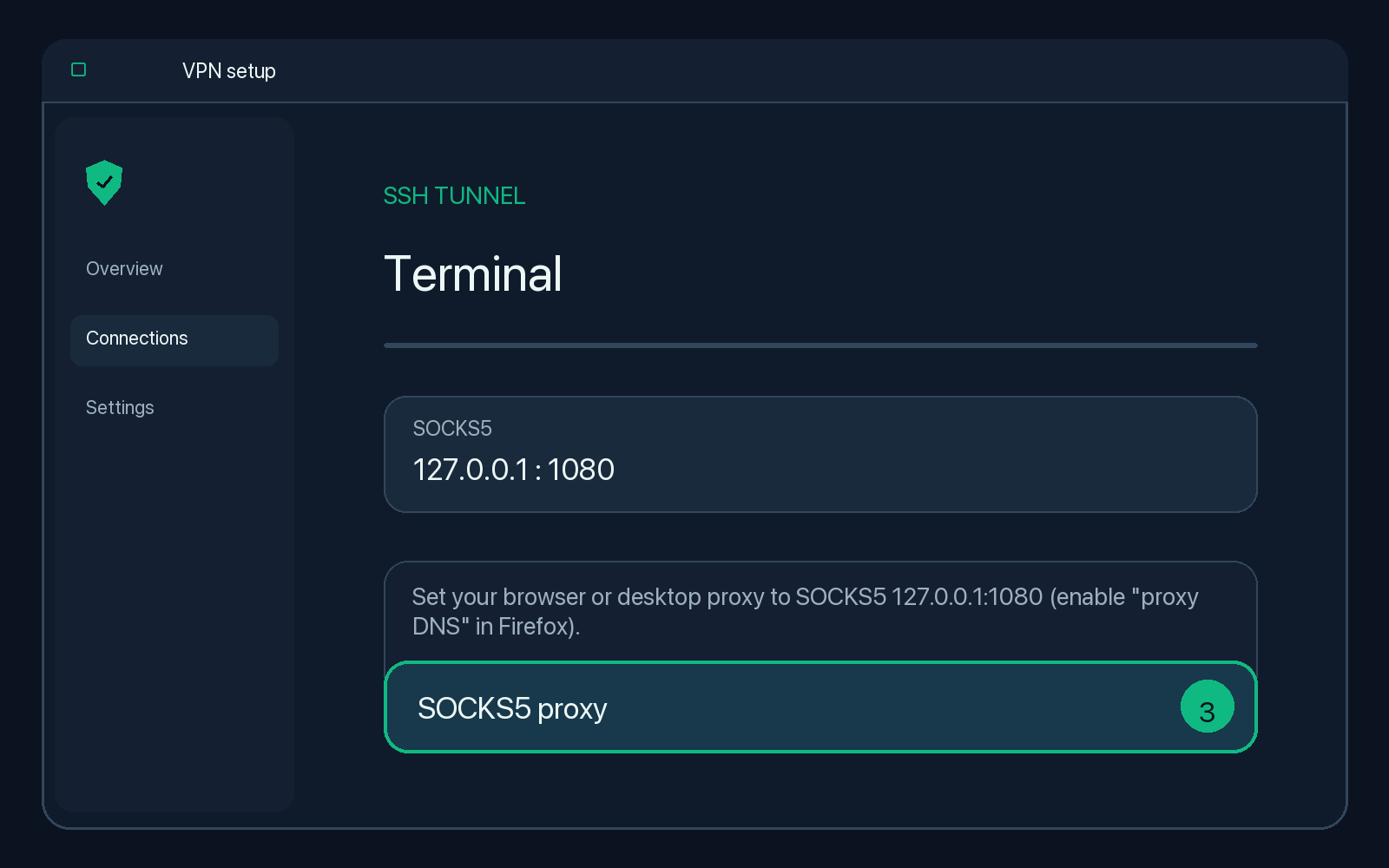 Illustration of step 3: Set your browser or desktop proxy to SOCKS5 127.0.0.1:1080 (enable "proxy DNS" in Firefox).