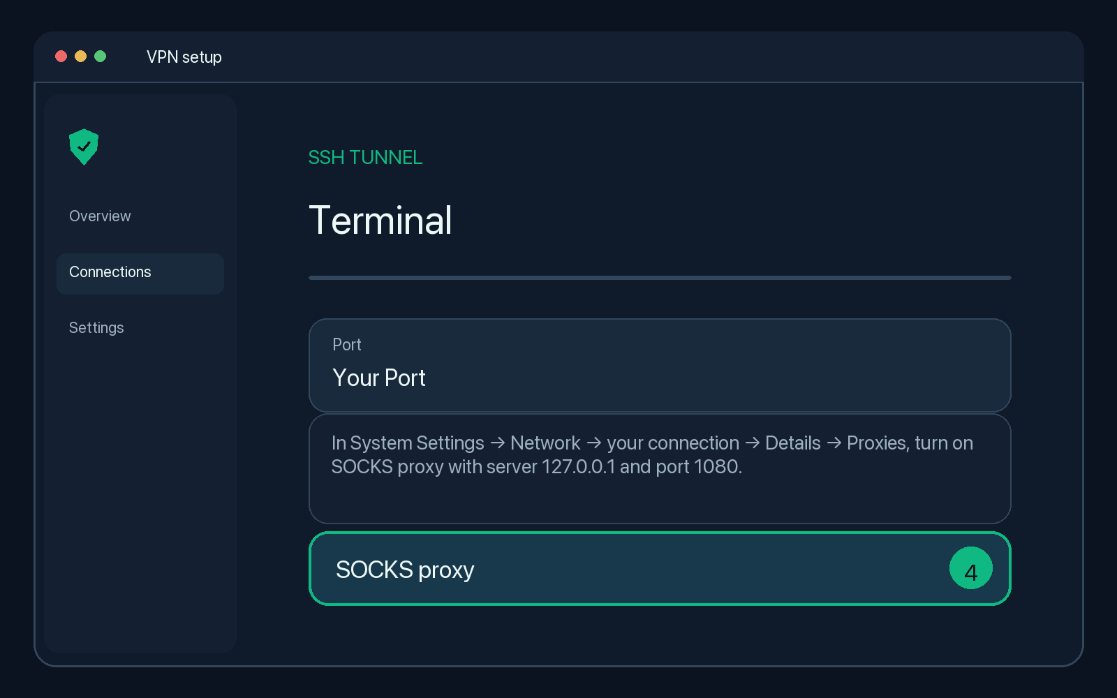 Illustration of step 4: In System Settings → Network → your connection → Details → Proxies, turn on SOCKS proxy with server 127.0.0.1 and port 1080.
