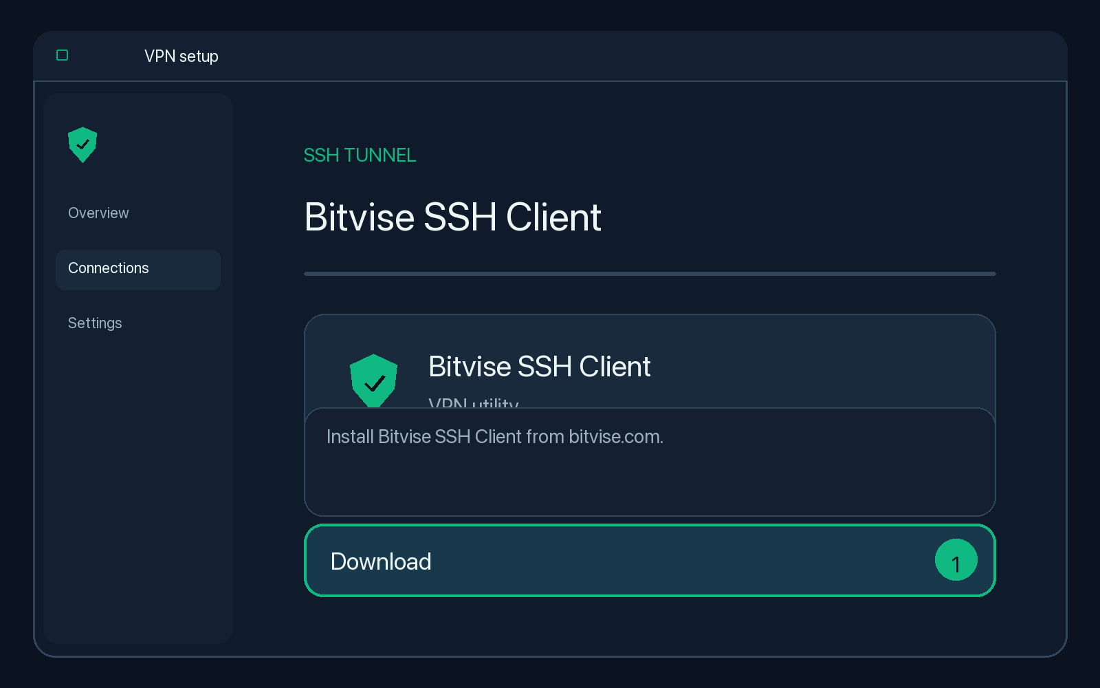 Illustration of step 1: Install Bitvise SSH Client from bitvise.com (link above).