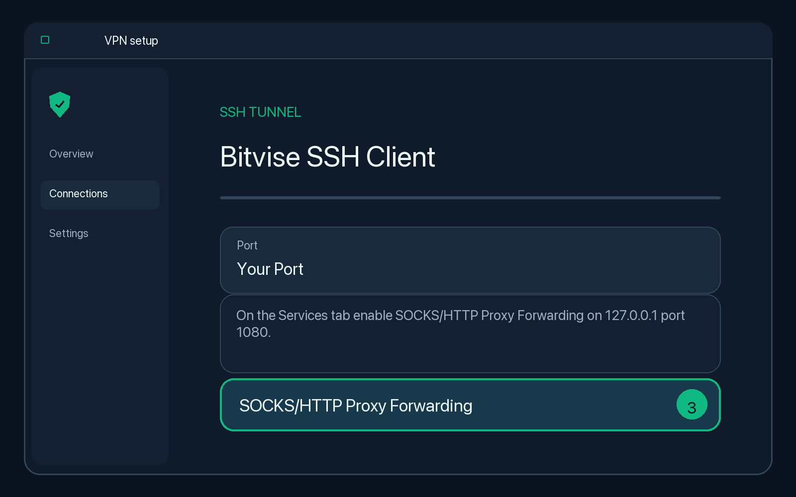 Illustration of step 3: On the Services tab enable SOCKS/HTTP Proxy Forwarding on 127.0.0.1 port 1080.
