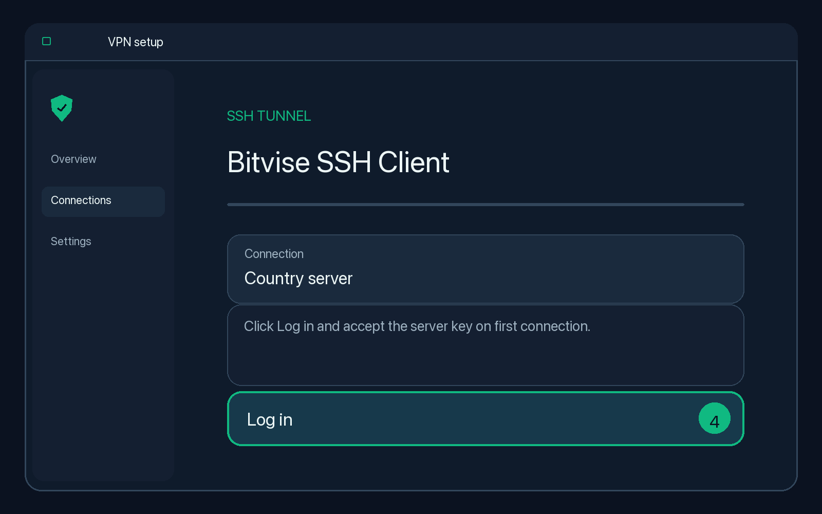 Illustration of step 4: Click Log in and accept the server key on first connection.