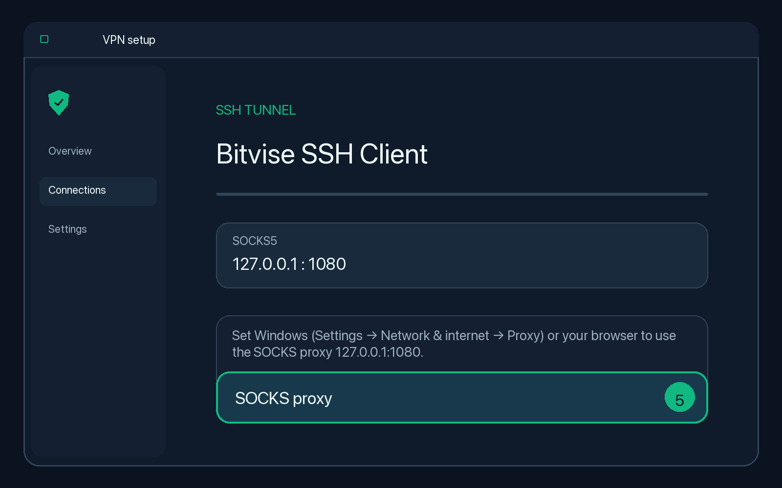 Illustration of step 5: Set Windows (Settings → Network &amp; internet → Proxy) or your browser to use the SOCKS proxy 127.0.0.1:1080.