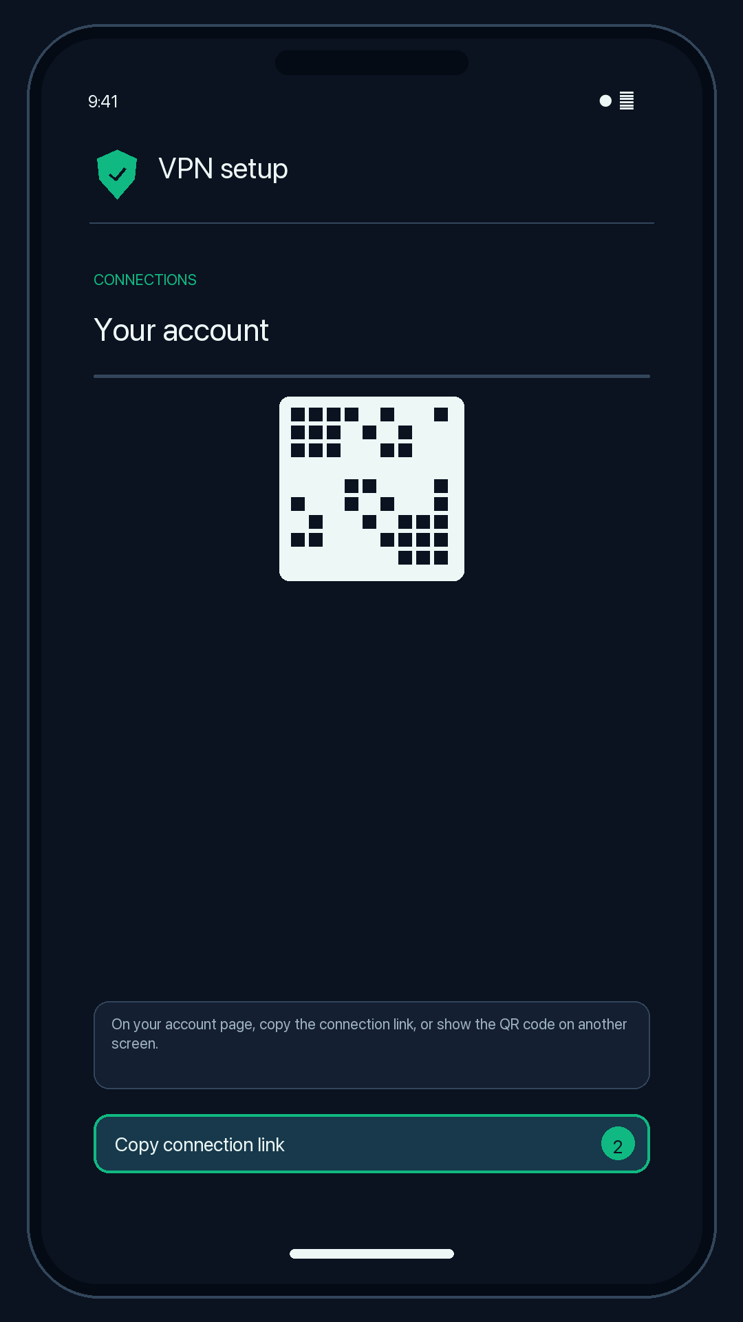 Illustration of step 2: On your configuration page, copy the connection link, or show the QR code on another screen.