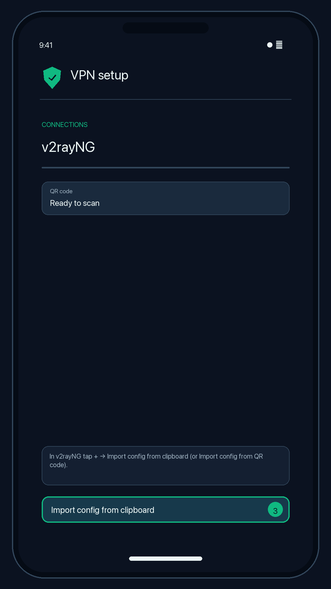Illustration of step 3: In v2rayNG tap + → Import config from clipboard (or Import config from QR code).