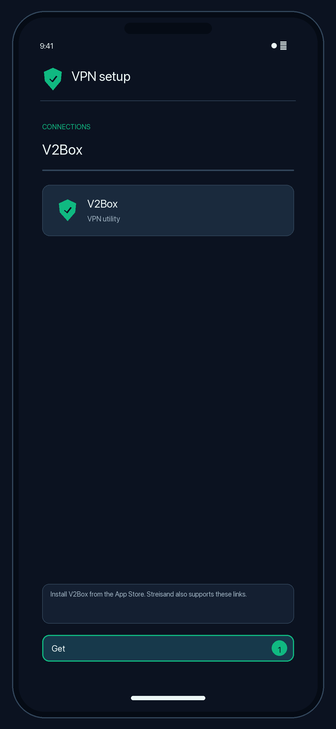 Illustration of step 1: Install V2Box from the App Store (link above). Streisand also supports these links.