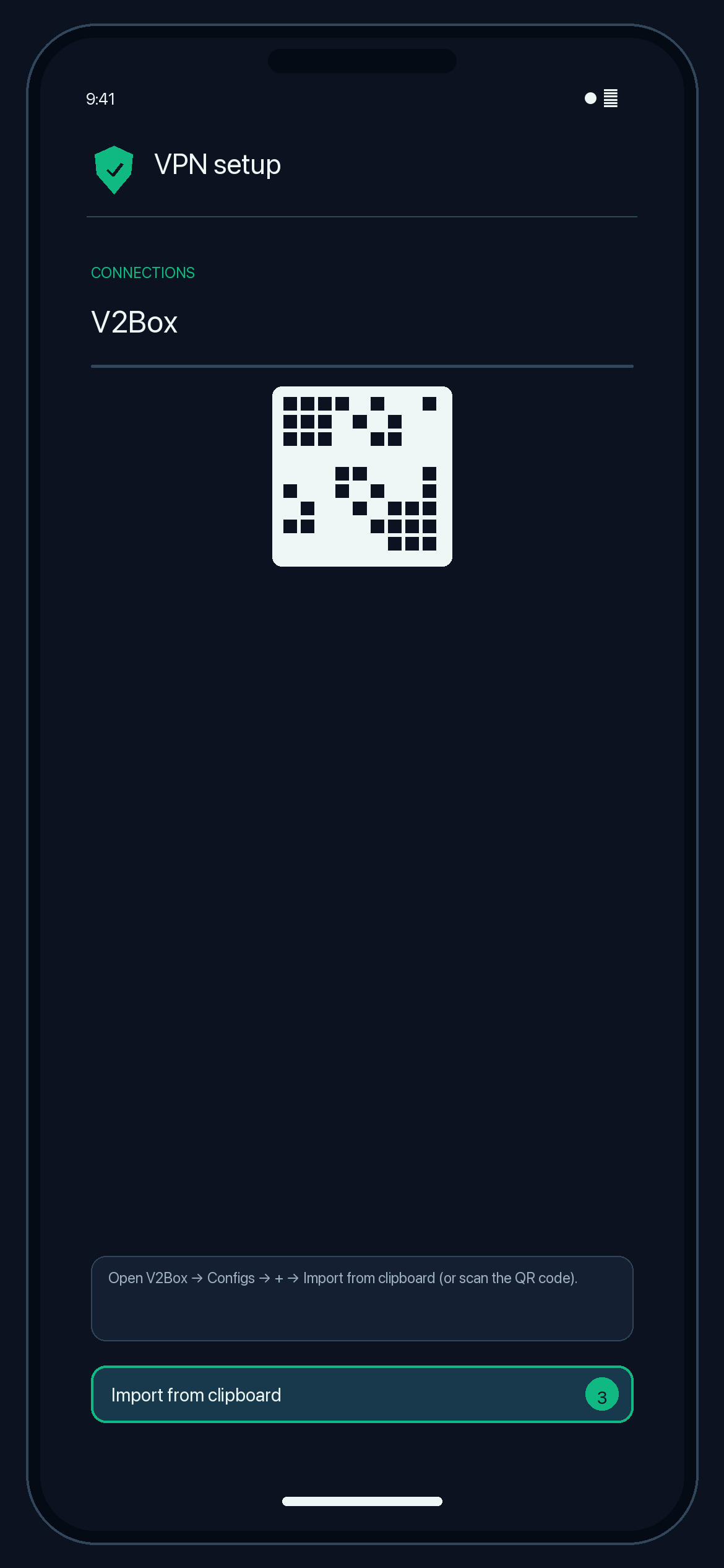 Illustration of step 3: Open V2Box → Configs → + → Import from clipboard (or scan the QR code).