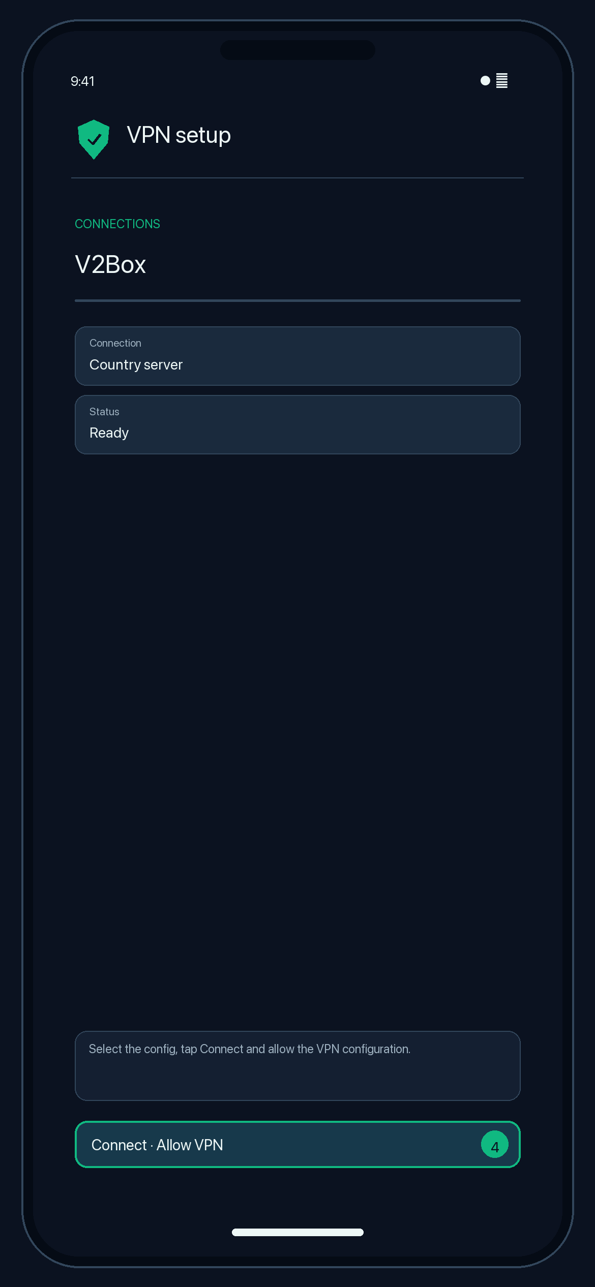 Illustration of step 4: Select the config, tap Connect and allow the VPN configuration.