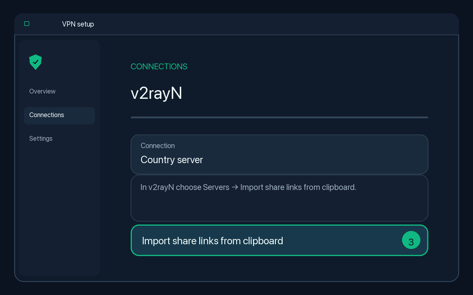 Illustration of step 3: In v2rayN choose Servers → Import share links from clipboard.