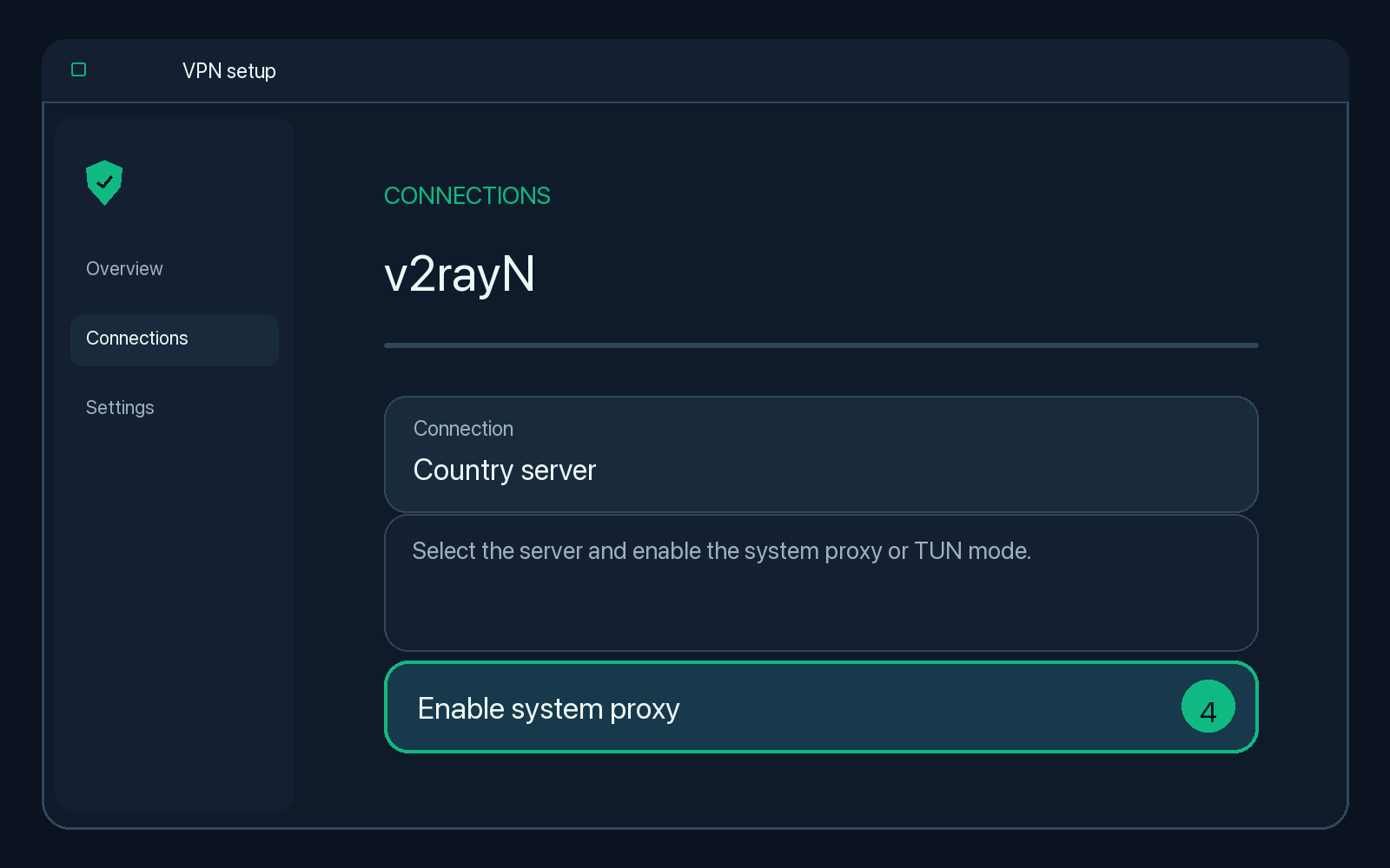 Illustration of step 4: Select the server and enable the system proxy or TUN mode.