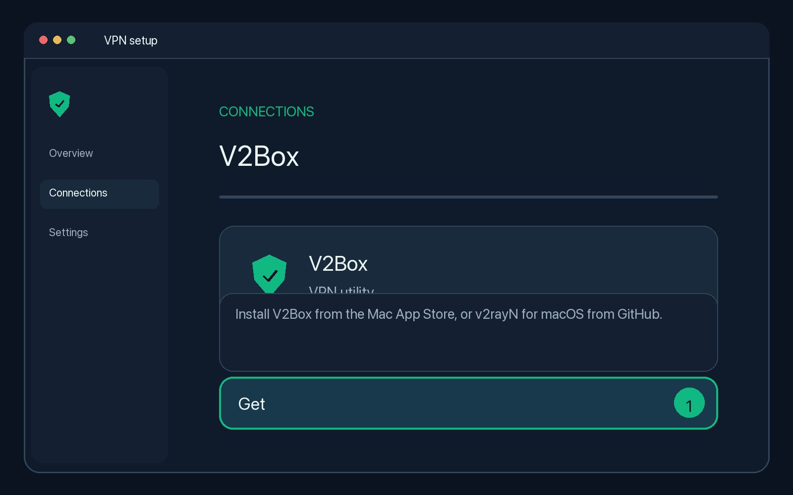 Illustration of step 1: Install V2Box from the Mac App Store (link above), or v2rayN for macOS from GitHub.