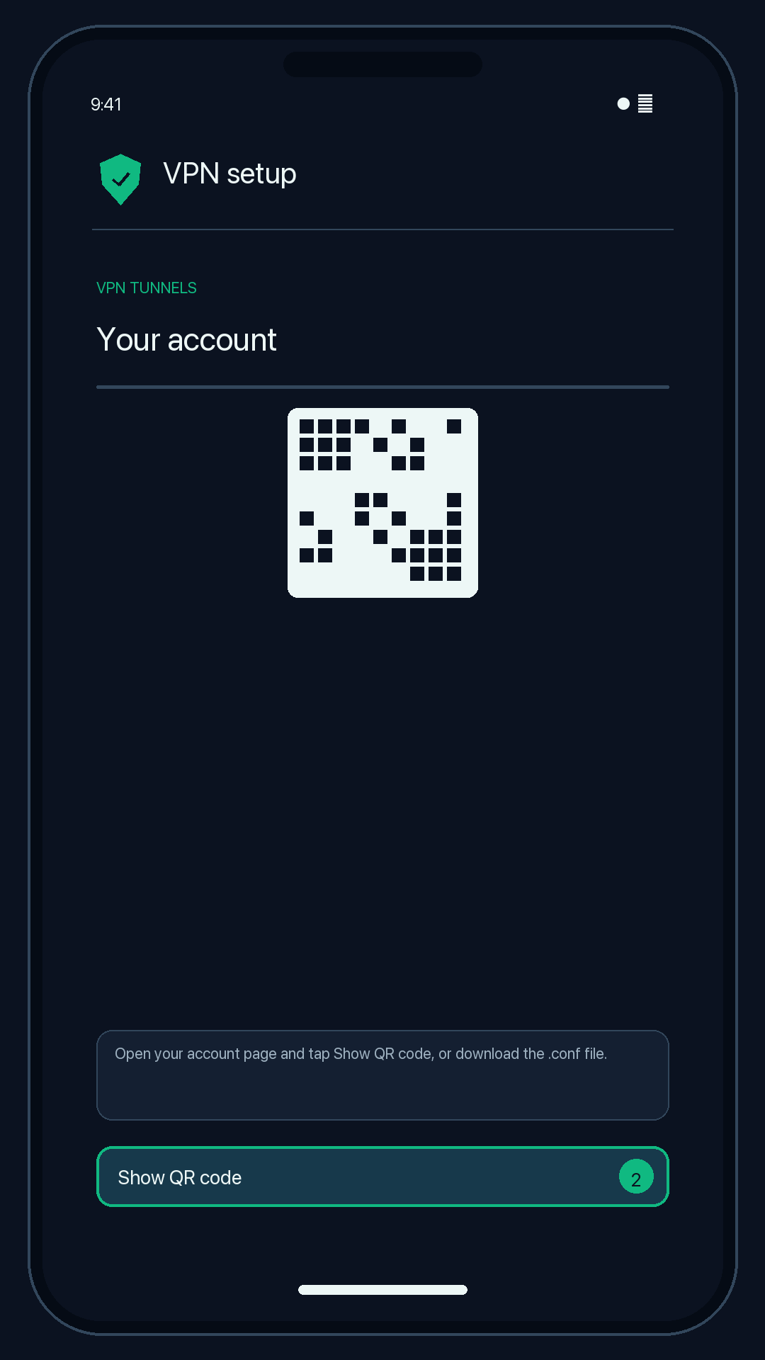 Illustration of step 2: Open your configuration page on this site and tap Show QR code, or download the .conf file.