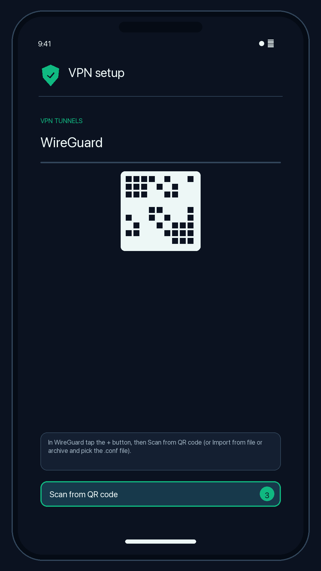 Illustration of step 3: In WireGuard tap the + button, then Scan from QR code (or Import from file or archive and pick the .conf file).
