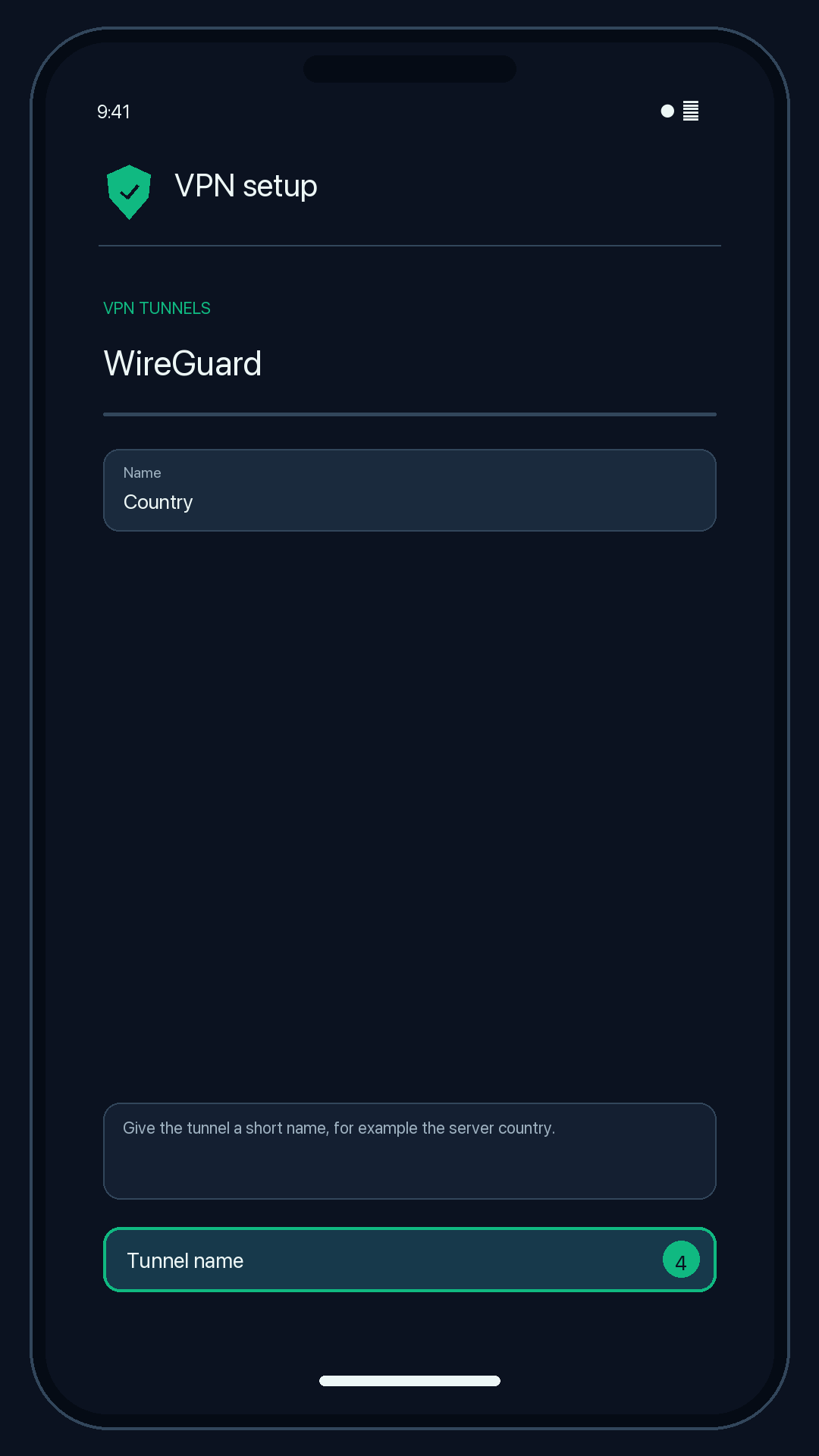 Illustration of step 4: Give the tunnel a short name, for example the server country.