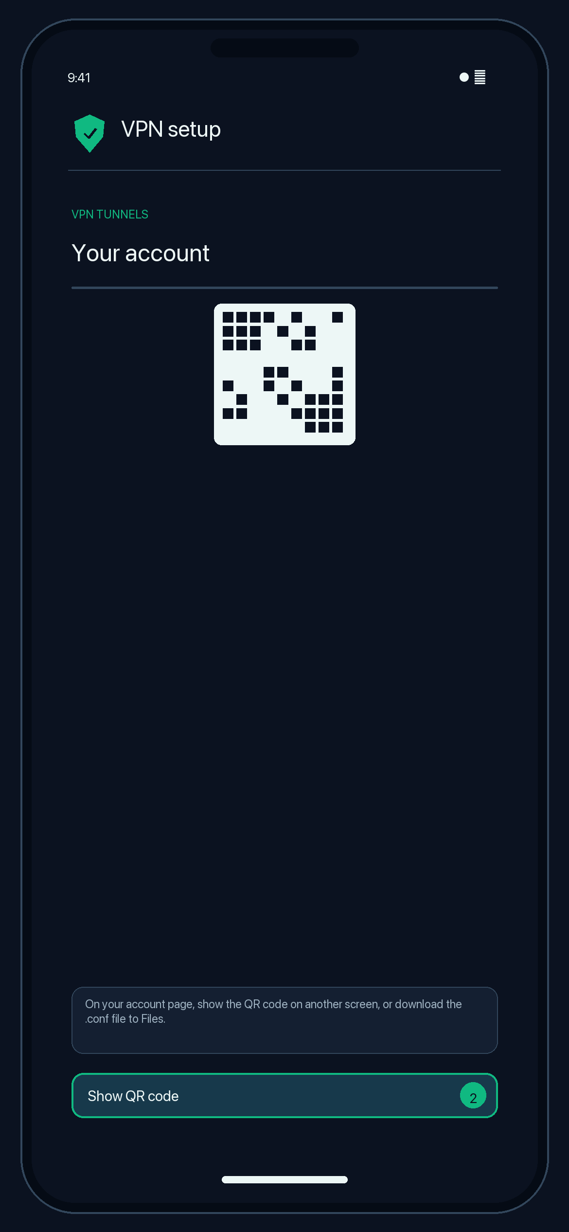 Illustration of step 2: On your configuration page, show the QR code on another screen, or download the .conf file to Files.