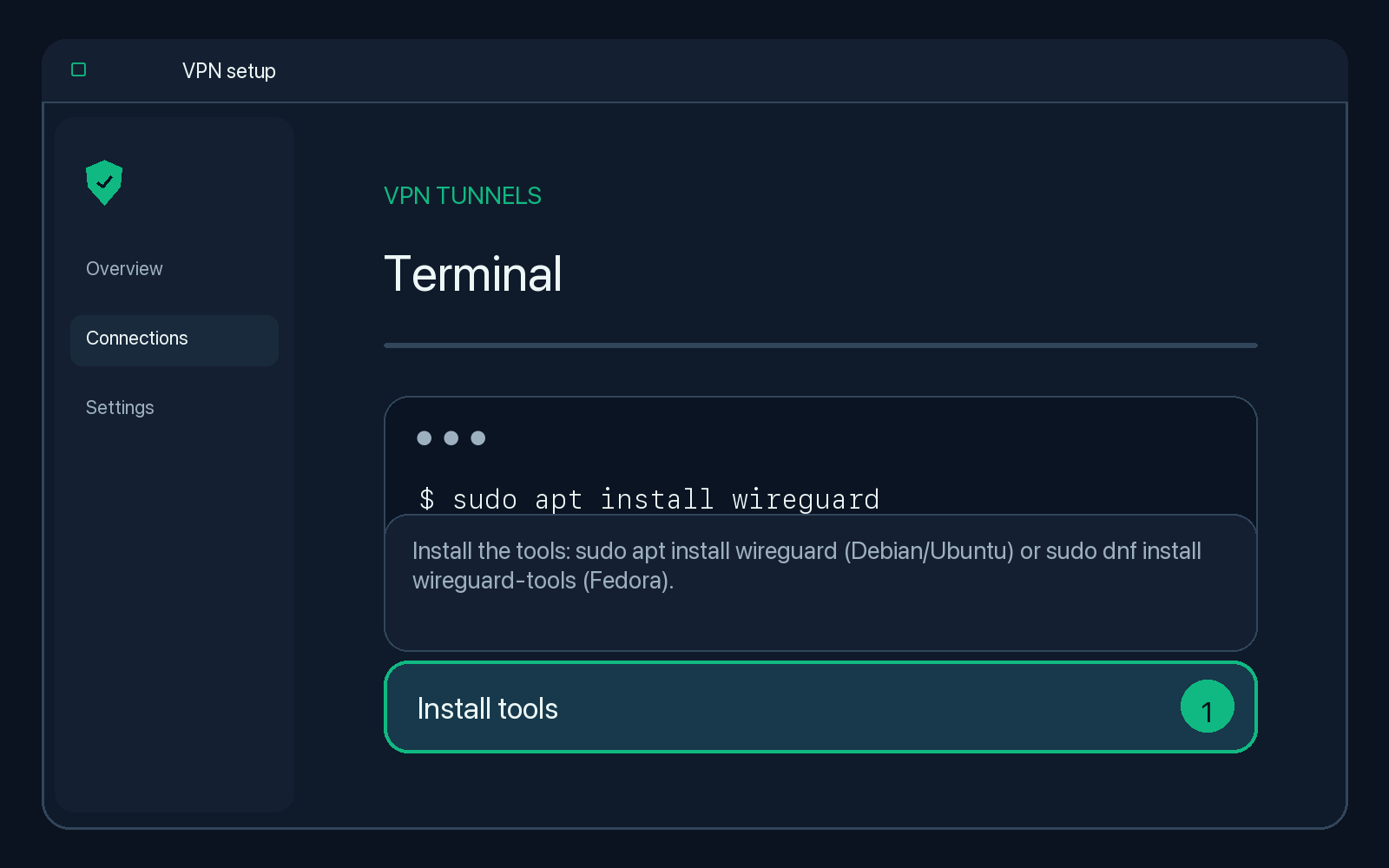 Illustration of step 1: Install the tools: sudo apt install wireguard (Debian/Ubuntu) or sudo dnf install wireguard-tools (Fedora).