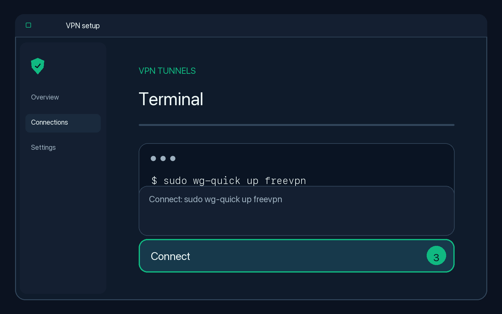 Illustration of step 3: Connect: sudo wg-quick up freevpn